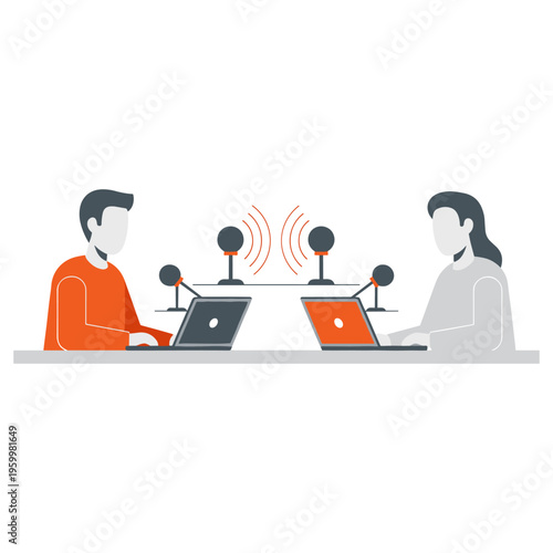 Professional podcast recording session with man and woman using laptops and microphones