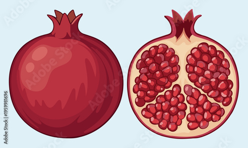 Whole red pomegranate and half fruit with seeds isolated on light background