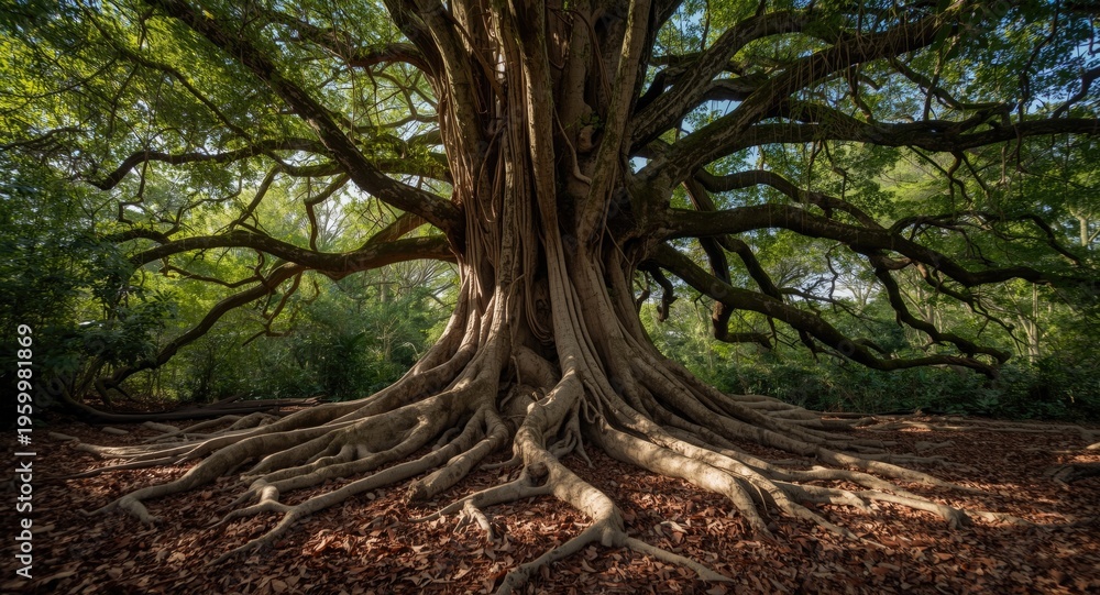 Fototapeta premium Dramatic view from beneath of banyan tree root system