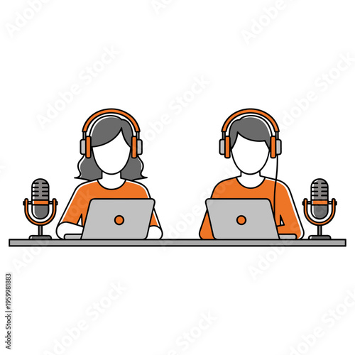 Man and woman recording podcast episode with microphones and laptops at table