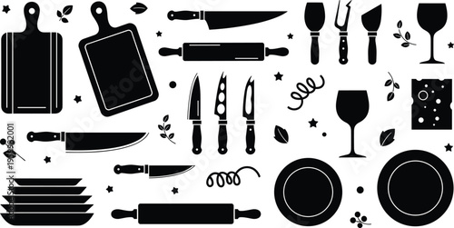 Kitchen Utensils and Tableware Icon Set Featuring Cutting Boards, Knives, Plates, Glasses, and Rolling Pins for Culinary and Dining Designs