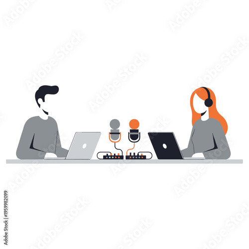 Audio production workflow concept featuring two hosts with mixers and podcast equipment