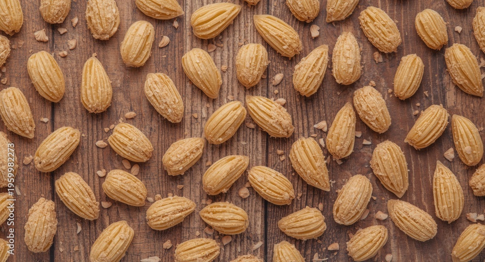 Fototapeta premium Big shell shaped durum wheat pasta uncooked conchiglie on textured wood background copy space