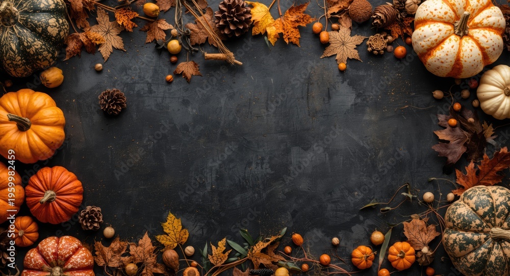 Fototapeta premium Festive Halloween party frame decorated with pumpkins and autumnal accents