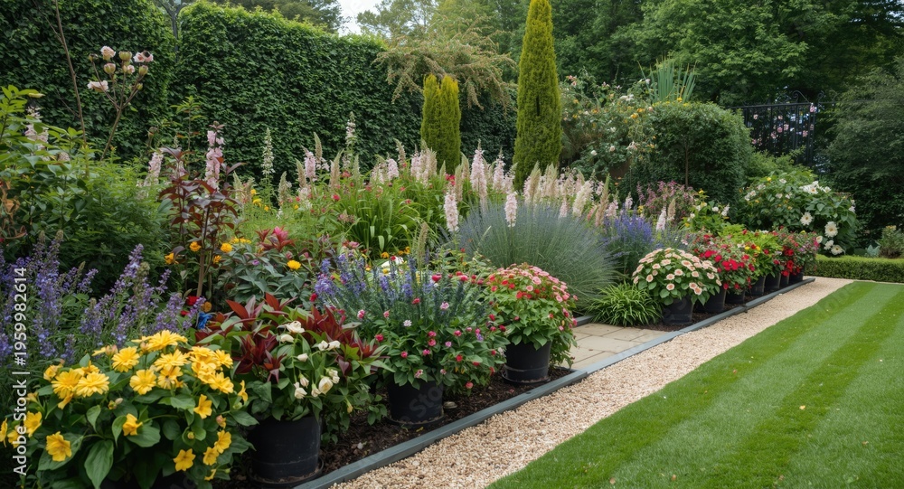 Obraz premium Refined garden layout with flourishing potted flower displays