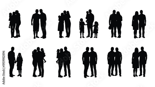 Silhouettes of people in various poses and groups