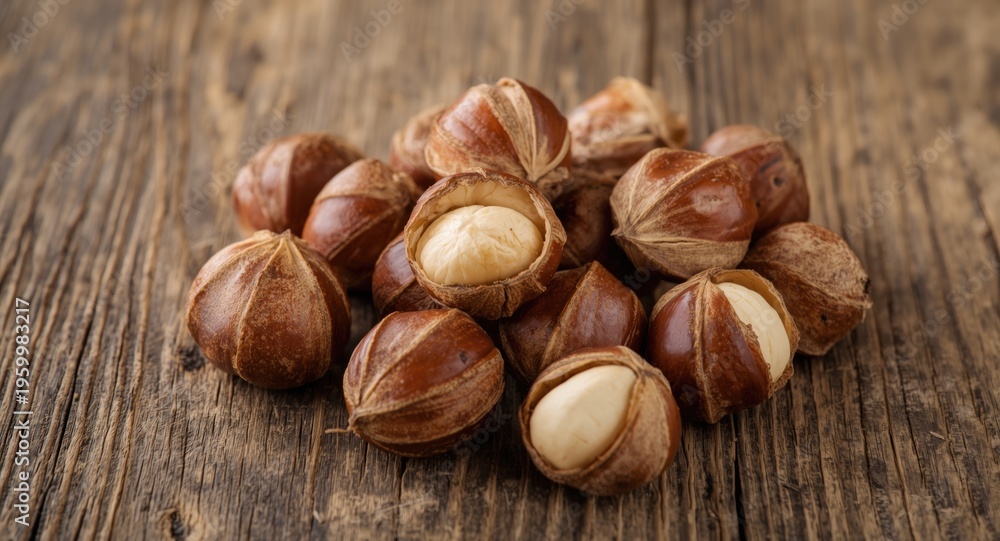 Fototapeta premium Peeled hazelnuts showcased on a textured wooden background