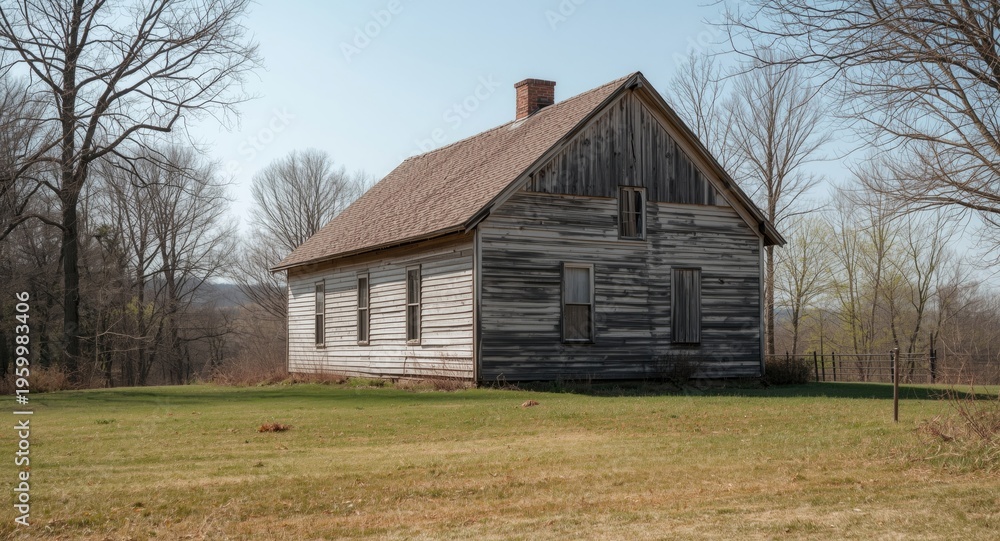 Fototapeta premium Scenic view of a rustic farmhouse with worn weathered facade and natural surroundings