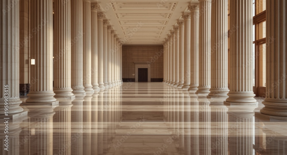 Fototapeta premium Focused shot of empty courtroom walkway highlighting marble flooring and warmly lit column structures with copy space