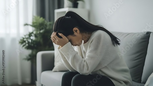 Woman experiencing emotional distress or sadness in a quiet living room