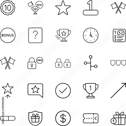 A collection of black and white icons for rewards and achievements