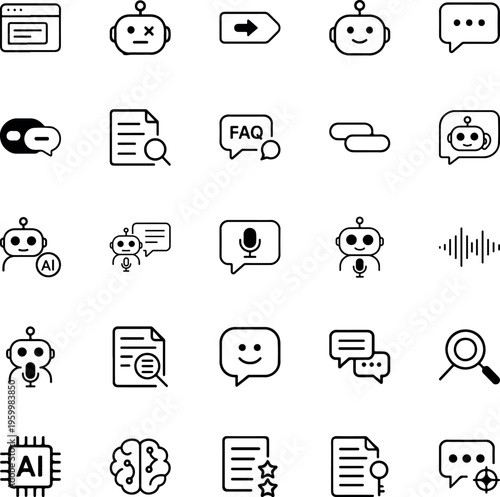 Collection of black and white chatbot and ai related icons