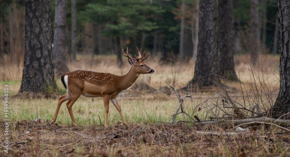 Fototapeta premium Male fallow deer exploring a clearing surrounded by tall trees