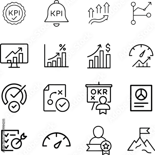 A collection of black and white line icons related to business and finance