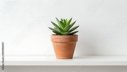 A small green succulent plant in a terracotta pot on a white table or shelf indoors  houseplant