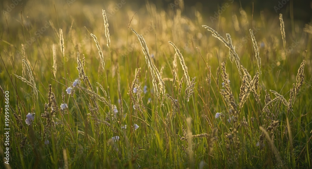 Naklejka premium Bright wild grass thriving in early spring morning with soft dawn light and delicate purple blooms