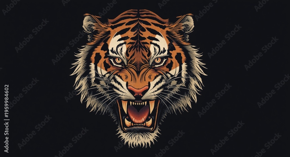 Fototapeta premium Fierce tiger roaring with intense gaze in dynamic front view tattoo style
