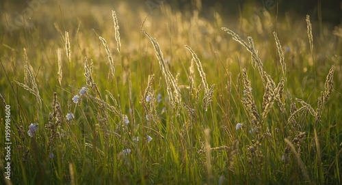 Bright wild grass thriving in early spring morning with soft dawn light and delicate purple blooms