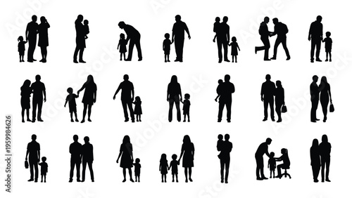 A collection of silhouettes of people in various poses and interactions