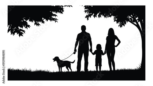 Silhouette of a family with a dog in a park