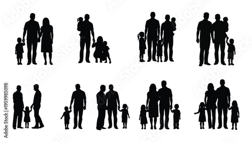 Black silhouettes of people in various family groups