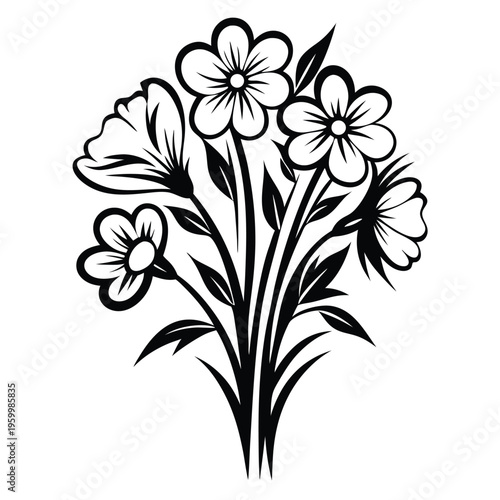 Captivating Line Art Wildflower Bouquet: Artistic Botanical Sketch Vector
