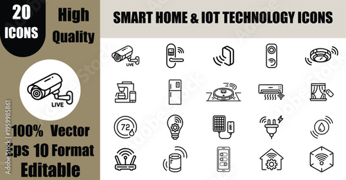 20 Smart Home and IoT Technology Line Icon Set Vector: Home Automation Outline Symbols.