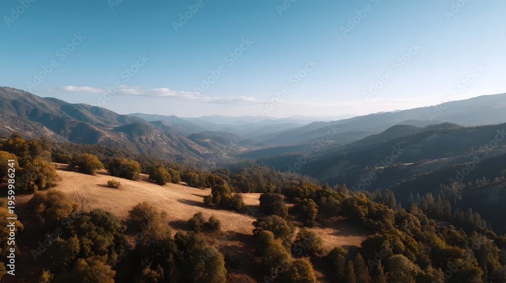 Obraz premium Serene mountain vista featuring rolling hills dense forests and deep valleys under a clear expansive blue sky