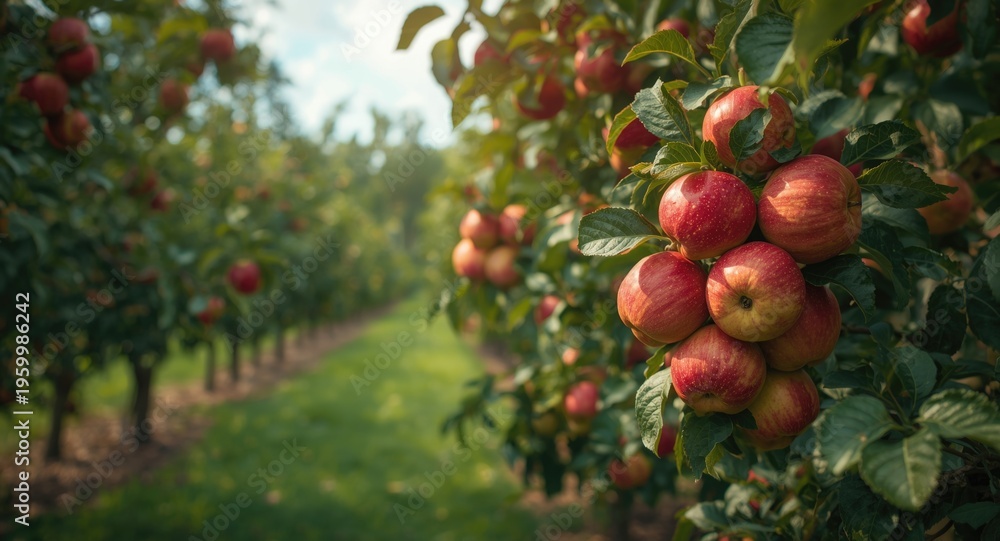 Fototapeta premium ripe apple heaps hanging from tree branches in vibrant orchard scene with copy space