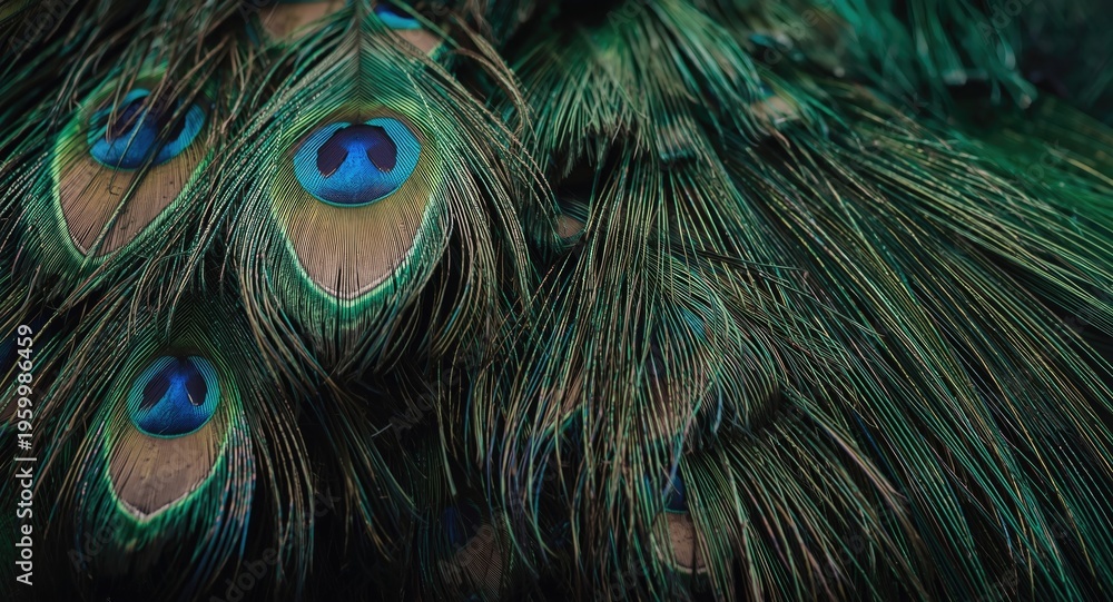Fototapeta premium Close up photograph of colorful peacock feathers with delicate detailed patterns