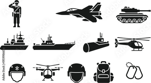 Military army and navy force silhouette collection featuring soldier jets tanks warships submarine helicopter tactical helmet backpack dog tags and drone icons.
