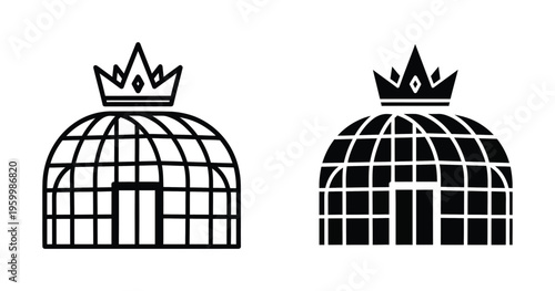 Crown on top of a dome shaped bird cage icon set