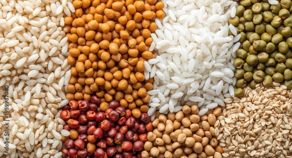 Naklejka premium Selection of wholesome grains including white rice lentils and colorful peas