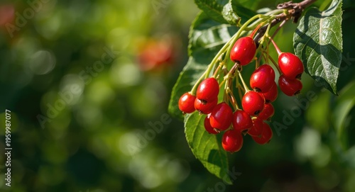 Goji berry plant branch with ripe red berries shining in natural sunlight and relaxed green background