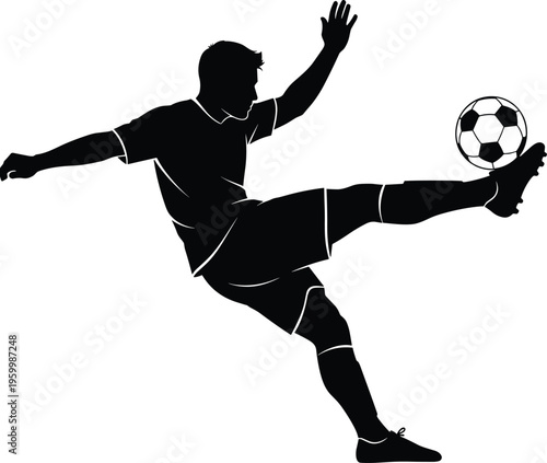 Soccer player silhouette kicking ball, football athlete performing dynamic action shot for sports club logo and tournament competition design, isolated vector illustration