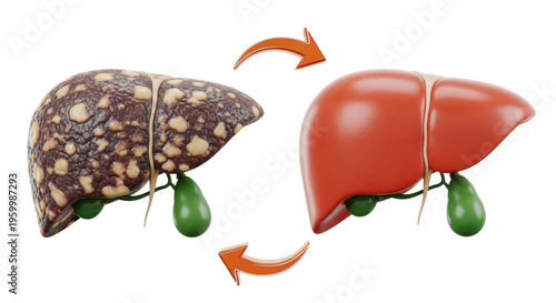 Healthy red liver and mottled fatty liver with green gallbladders and orange arrows on a gray background under clinical lighting medical comparison concept