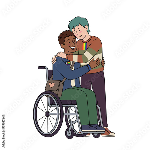 Smiling dark skinned person in wheelchair wearing pride pin hugging standing friend in striped sweater