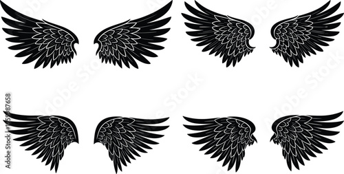 Black bird wings silhouette set, eagle and hawk feathery flight elements for tattoo design, heraldic wingspan symbols for logo and apparel graphics