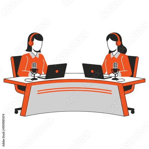 Two women hosts sitting at modern desk recording podcast episode with professional gear