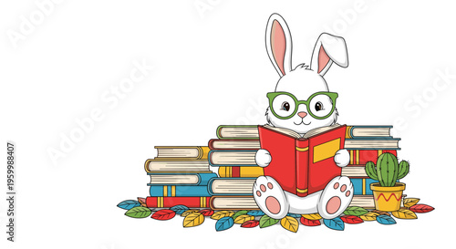 Studious white rabbit wearing green glasses and reading a red book while sitting in front of a large stack of hardcover books.