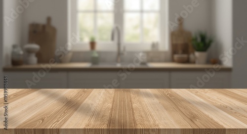 Light grain wooden table panel with gentle shadow and blurred kitchen window background
