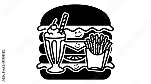 Minimalist Hamburger with Milkshake and Fries Line Art, Monochrome Retro Diner Fast Food Vector Illustration