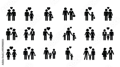 A collection of black silhouette icons depicting various family relationships