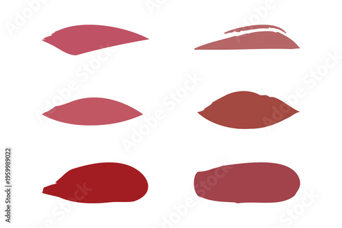 Six individual lipstick swatches are neatly arranged on a clean white background. They showcase a variety of cosmetic hues, including reds, pinks, and nude shades, perfect for beauty product display.