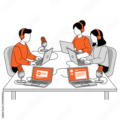 Young professionals recording podcast episode sitting at desk with multiple laptop screens