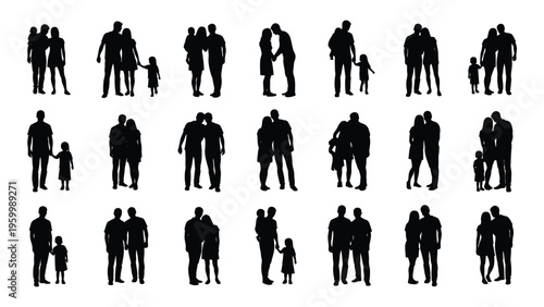 A collection of silhouettes of people in various poses and combinations
