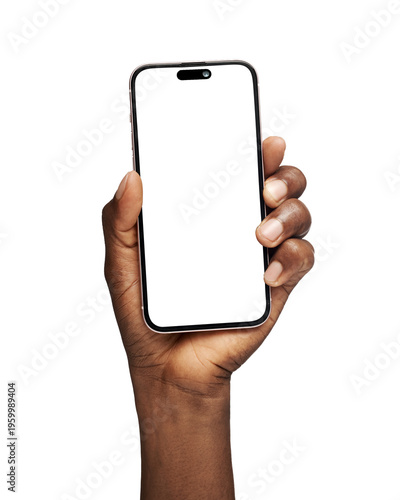 Hand holding Smartphone iPhone 17 pro as png photo and isolated on white background for your mobile phone app or web site design, logo Global Business technology