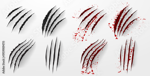 Vector cat claw marks set. Collection of animal scratch lines with sharp ripped effect. Hand drawn claw traces, damaged surface marks and aggressive scratch elements for grunge design and textures.