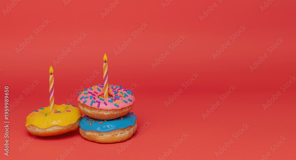 Naklejka premium Playful doughnuts in bright hues decorated with dreidel candles set on a red studio background