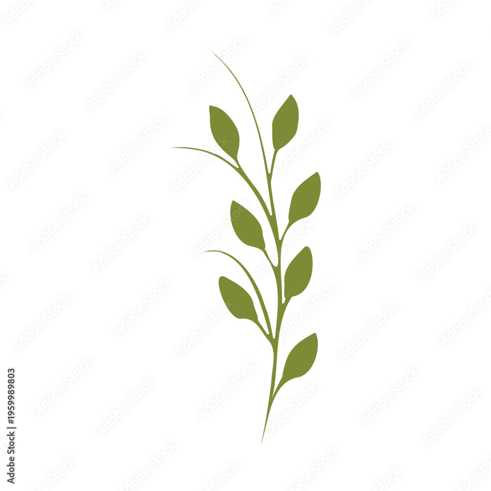 Obraz premium A vibrant green plant stem with multiple leaves curves gently upwards against a pure white background. The clean, simple design highlights the natural beauty of a growing botanical element.